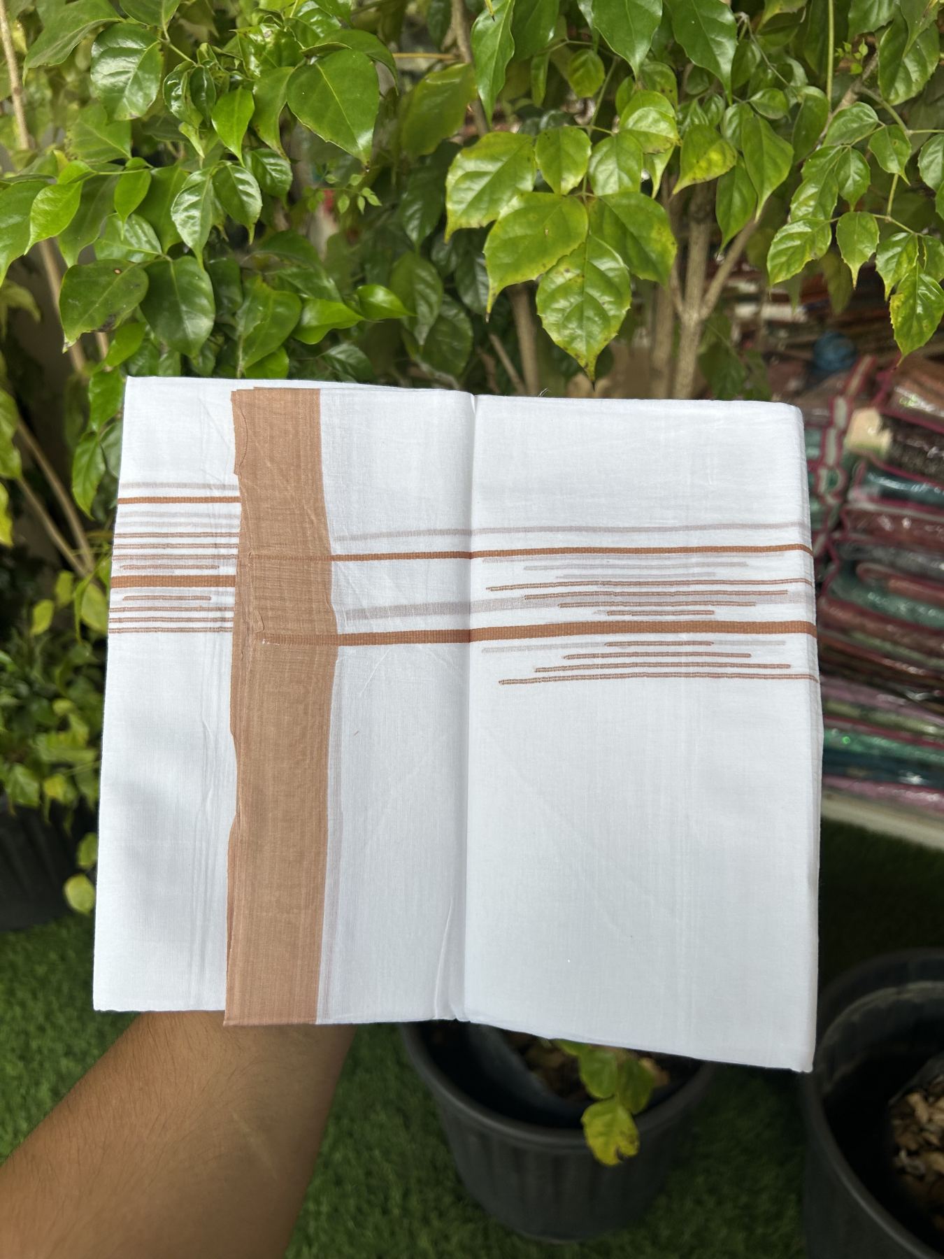 20% Discount ! Kaitharikada Balaramapuram 100% Cotton Pure White Double Mundu/Dothi - 100x80 - 1.5 inch Brownish Orange Stripes Design Kara 3.80 mtr (8 muzham) - 15 KK5319 THI