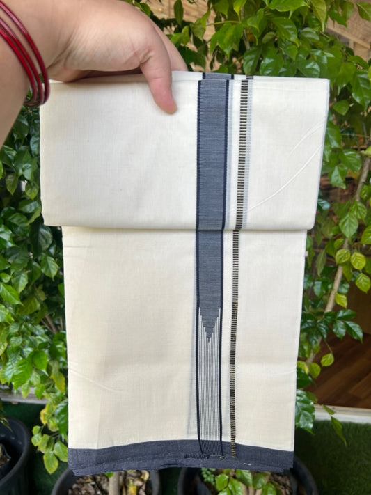 25% DISCOUNT!! KaithariKada HANDLOOM  UNAKKUPAAV Balaramapuram - 100% PURE Cotton OFF White - (Unbleached) Double Mundu/Dothi - 80X100 - 1 inch Gold Kasavu Puliyilakkara Navy blue & White striped chutty 3.80 meter (8.5 Muzham) - 13KK5209 REA