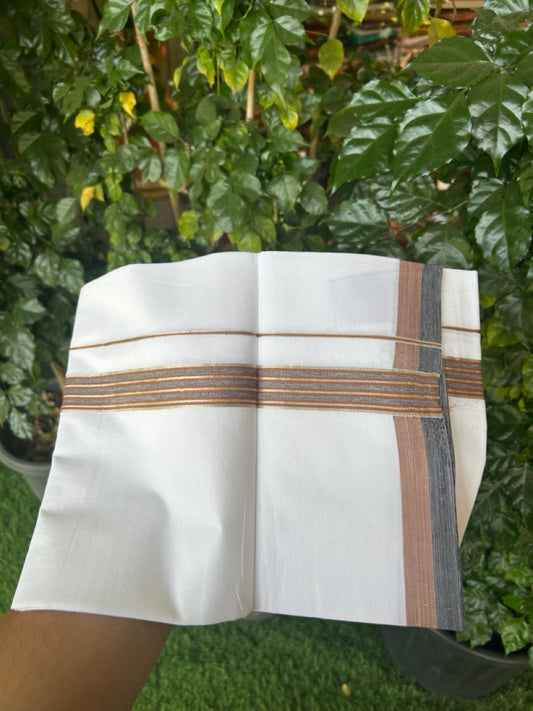 21% Discount!! KaithariKada Balaramapuram 100% Cotton Single Pure White Mundu/Dhoti - 100X80 - 1.25 inch Silver Kasav Black & Brown Stripes kara 1.90 mtr (4 muzham) - 23 KK5282 PMC