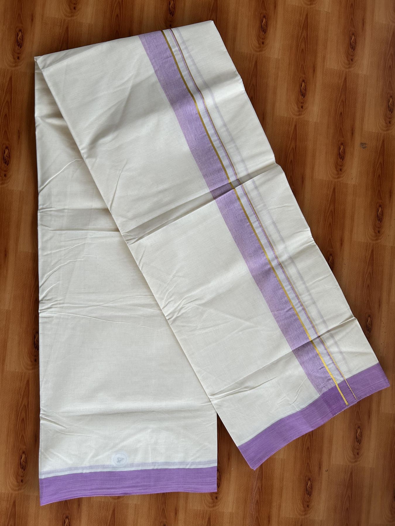 Double Off White (Unbleached) Mundu/Dhoti - 20% Discount! Kaitharikada Pure Cotton - 80x80 - 1.25 Inch Gold Kasav & Pinkish Voilet Shaded Kara 4 mtr (8.5 muzham) - 6 KK5465 MRH