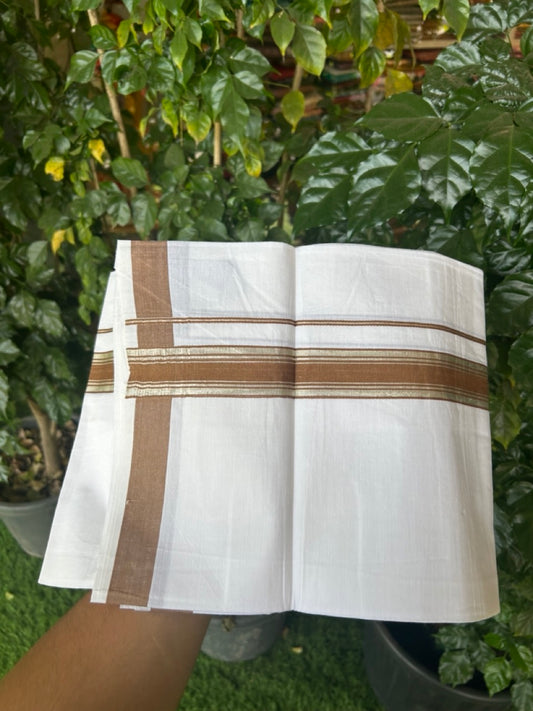 18% Discount!! KaithariKada Balaramapuram 100% Cotton Single Pure White Mundu/Dhoti - 100X80 - 1.25 inch Silver Kasav Brown Stripes kara 1.90 mtr (4 muzham) - 15 KK5282 PMC