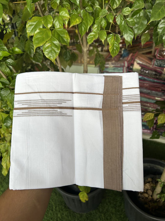 20% Discount ! Kaitharikada Balaramapuram 100% Cotton Pure White Double Mundu/Dothi - 100x80 - 1.5 inch Brown Stripes Design Kara 3.80 mtr (8 muzham) - 14 KK5319 THI