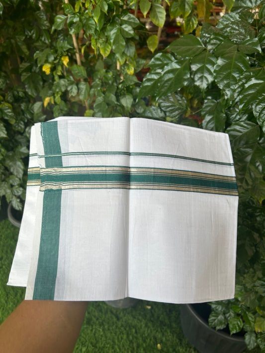 18% Discount!! KaithariKada Balaramapuram 100% Cotton Single Pure White Mundu/Dhoti - 100X80 - 1.25 inch Silver Kasav Dark Green Stripes kara 1.90 mtr (4 muzham) - 16 KK5282 PMC