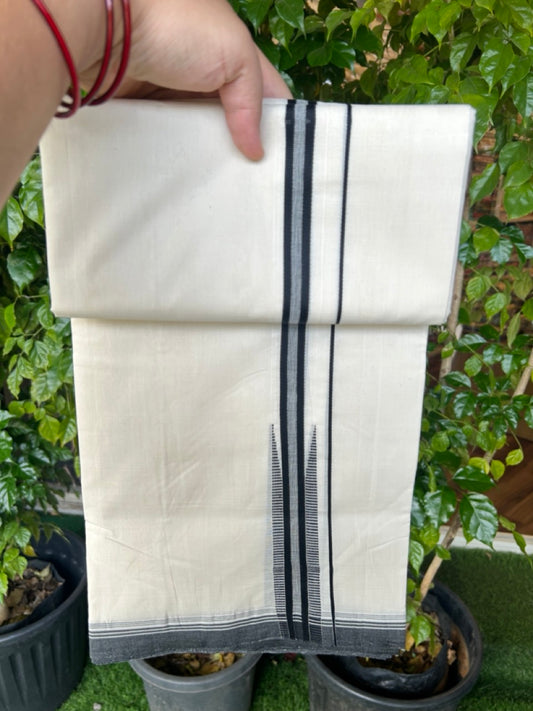 25% DISCOUNT!! KaithariKada HANDLOOM  UNAKKUPAAV Balaramapuram - 100% PURE Cotton OFF White - (Unbleached) Double Mundu/Dothi - 80X100 - 1.25 inch Puliyilakkara Black striped chutty Kara 3.80 meter (8.5 Muzham) - 15KK5209 REA