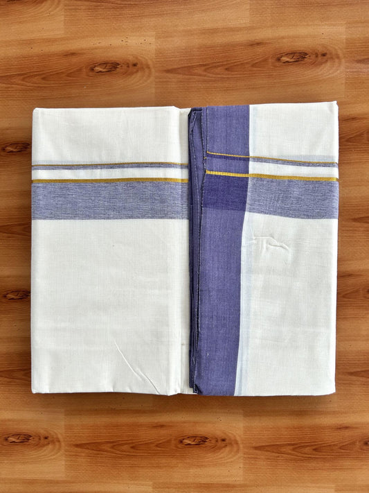 Double Off White (Unbleached) Mundu/Dhoti - 20% Discount! Kaitharikada Pure Cotton - 80x80 - 1.25 Inch Gold Kasav & Voilet Shaded Kara 4 mtr (8.5 muzham) - 7 KK5465 MRH