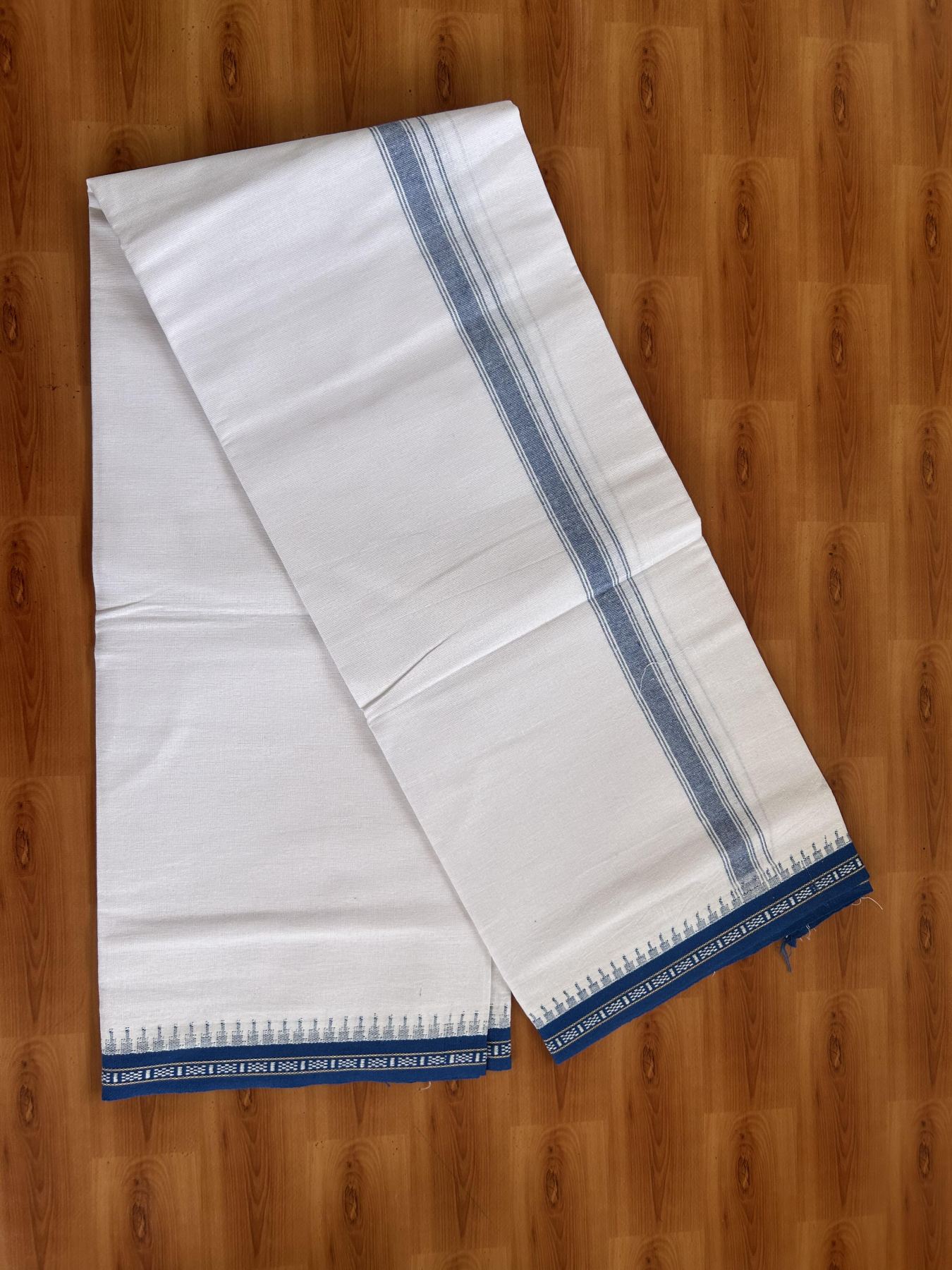 Premium Kathar Type Mercerised Pure Cotton Single Mundu Kaitharikada Special - Kaily / Lungi -2/ 40s - 1.75 inch Denim Blue Striped kara with White colour Body Kuppadam Border 2.25 mtr (4.82 muzham) - 4 KK8053 KUT