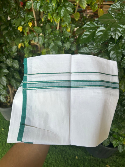 5% Discount!! KaithariKada Balaramapuram 100% Cotton Single Pure White Mundu/Dhoti - 100X80 - 0.75 inch Silver Kasav Green Stripes kara 1.90 mtr (4 muzham) - 19 KK5282 PMC