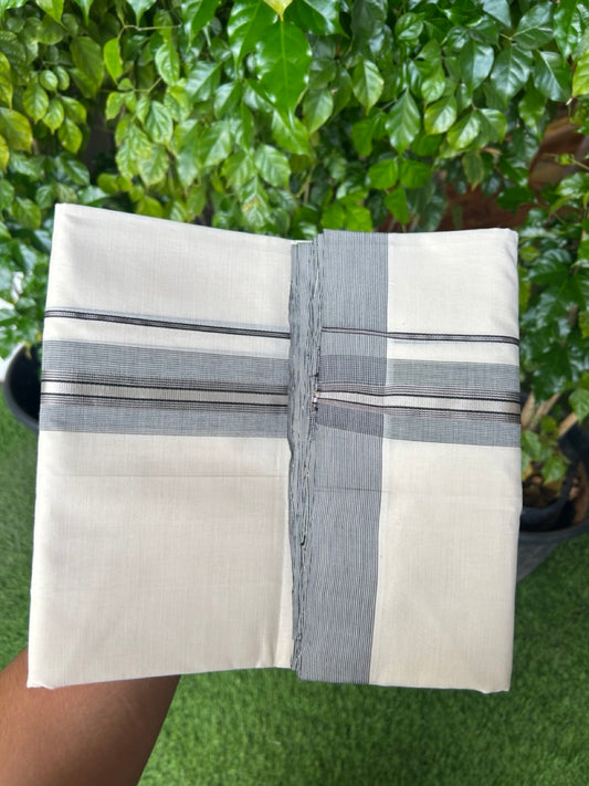 25% DISCOUNT!! KaithariKada HANDLOOM UNAKKUPAAV Balaramapuram - 100% PURE Cotton OFF White Double - (Unbleached)- Mundu/Dothi - 80X100 - 1.75 inch Black & Silver Kasavu Striped Kara - 12KK5209 REA