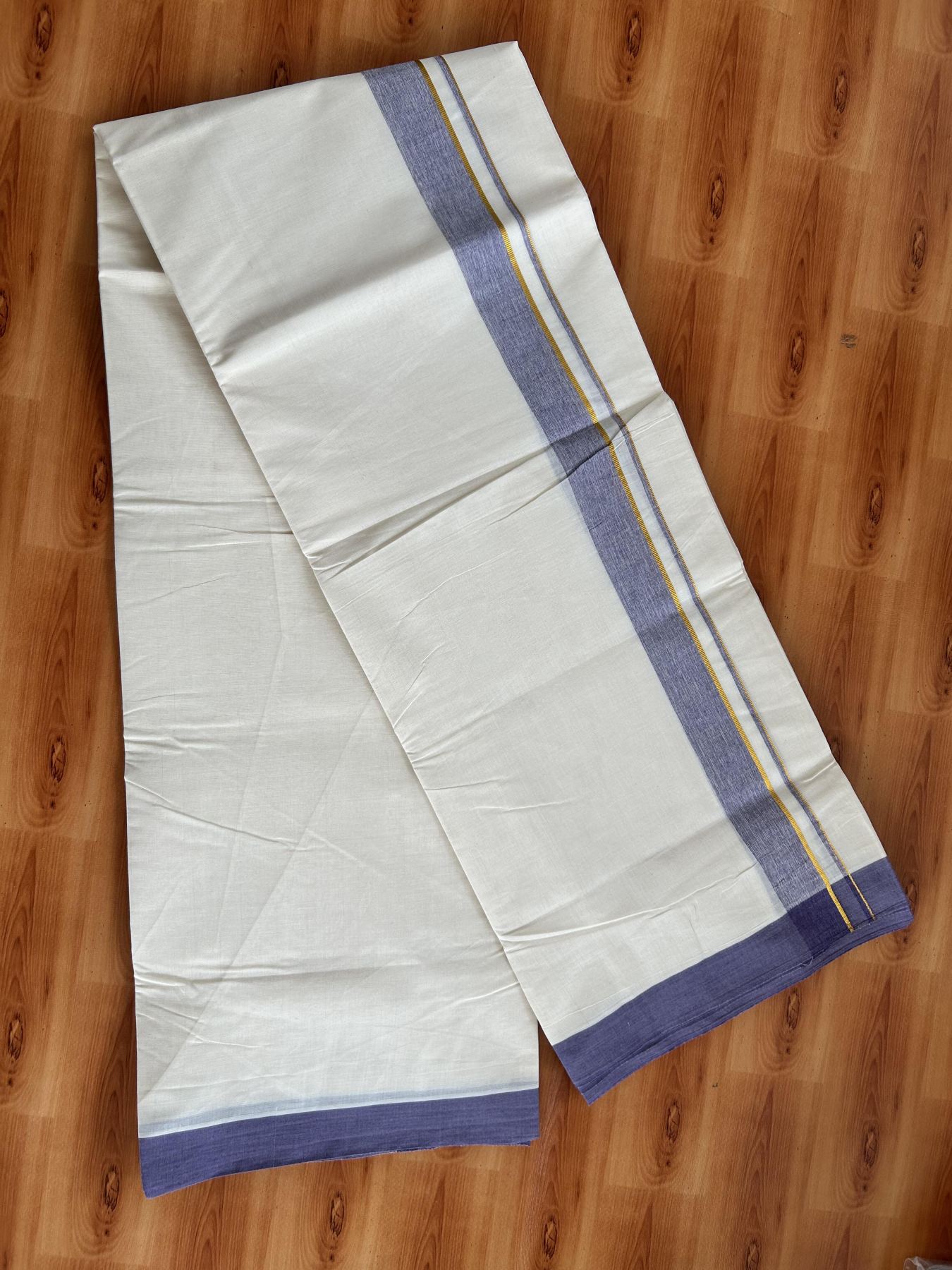 Double Off White (Unbleached) Mundu/Dhoti - 20% Discount! Kaitharikada Pure Cotton - 80x80 - 1.25 Inch Gold Kasav & Voilet Shaded Kara 4 mtr (8.5 muzham) - 7 KK5465 MRH
