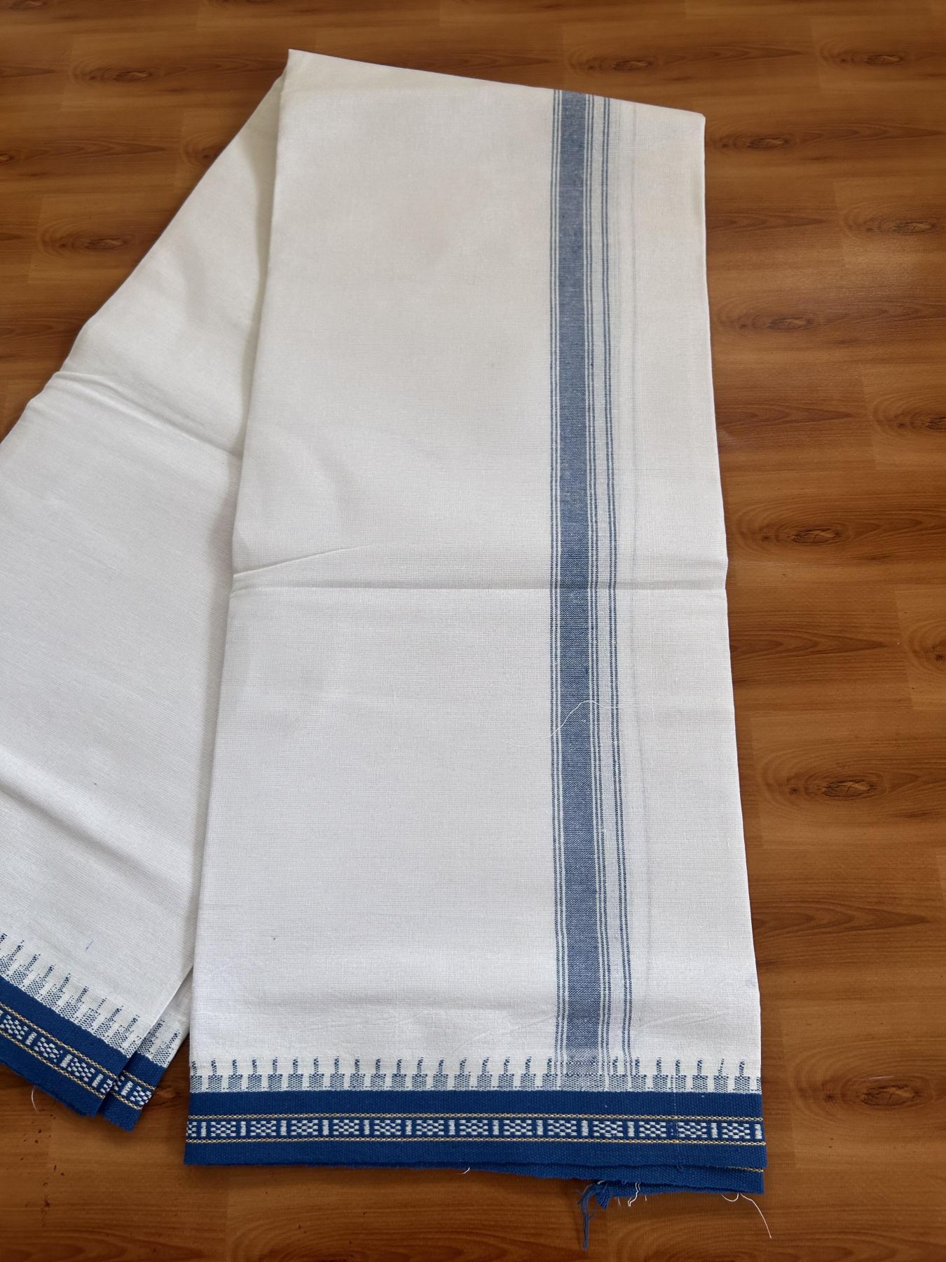 Premium Kathar Type Mercerised Pure Cotton Single Mundu Kaitharikada Special - Kaily / Lungi -2/ 40s - 1.75 inch Denim Blue Striped kara with White colour Body Kuppadam Border 2.25 mtr (4.82 muzham) - 4 KK8053 KUT