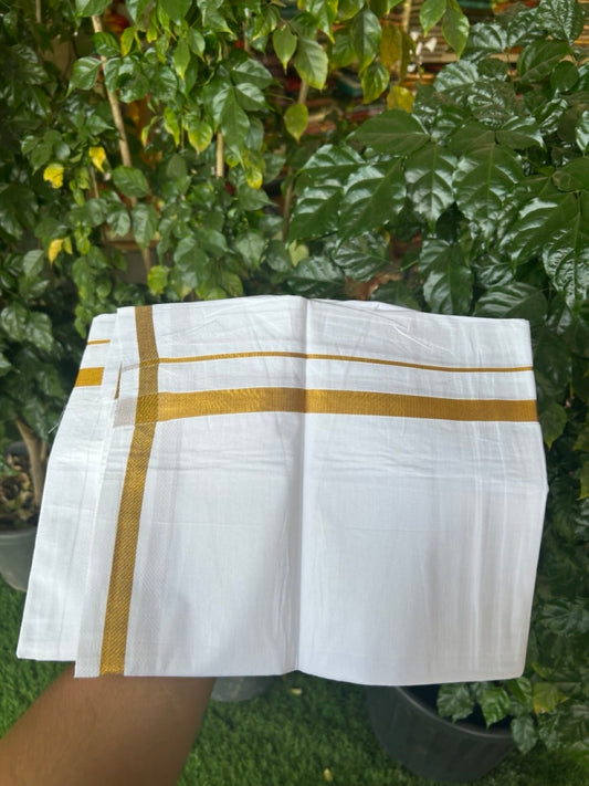 6% Discount!! KaithariKada Balaramapuram 100% Cotton Single Pure White Mundu/Dhoti - 100X80 - 0.5 inch Gold Kasav kara 1.90 mtr (4 muzham) - 34 KK5282 PMC