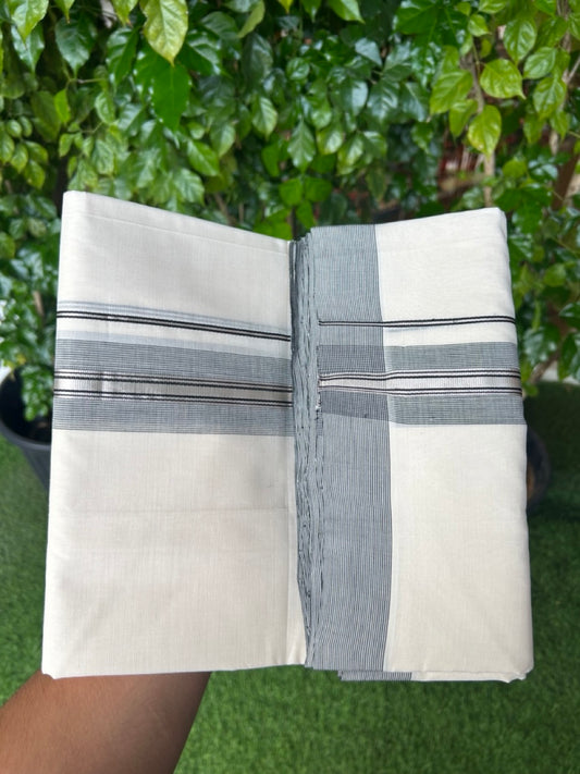 25% DISCOUNT!! KaithariKada HANDLOOM UNAKKUPAAV Balaramapuram - 100% PURE Cotton OFF White Double - (Unbleached)- Mundu/Dothi - 80X100 - 1.75 inch Black & Silver Kasavu Striped Kara - 11KK5209 REA