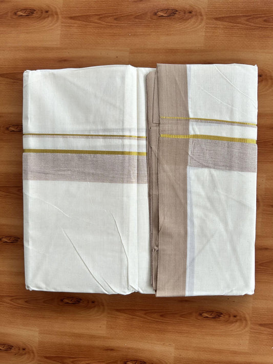 Double Off White (Unbleached) Mundu/Dhoti - 20% Discount! Kaitharikada Pure Cotton - 80x80 - 1.25 Inch Gold Kasav & Peach Brown Shaded Kara 4 mtr (8.5 muzham) - 3 KK5465 MRH