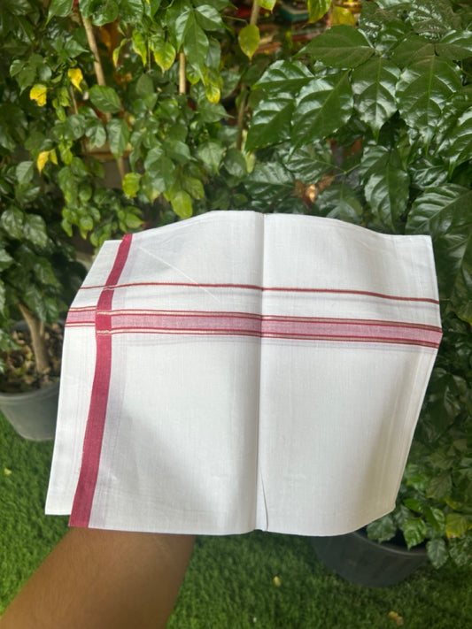 5% Discount!! KaithariKada Balaramapuram 100% Cotton Single Pure White Mundu/Dhoti - 100X80 - 0.75 inch Silver Kasav Pinkish Red Stripes kara 1.90 mtr (4 muzham) - 20 KK5282 PMC