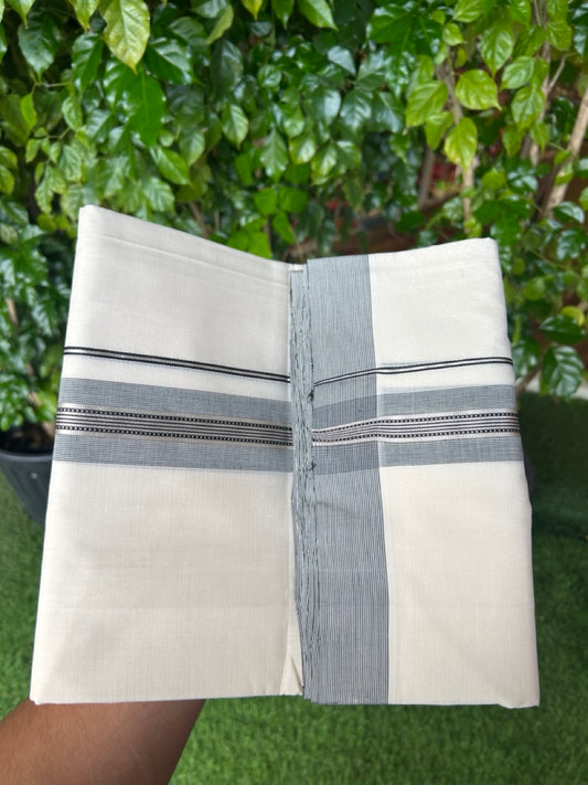 25% DISCOUNT!! KaithariKada HANDLOOM UNAKKUPAAV Balaramapuram - 100% PURE Cotton OFF White Double - (Unbleached)- Mundu/Dothi - 80X100 - 1.25 inch Black & Silver Kasavu Striped Kara - 10KK5209 REA