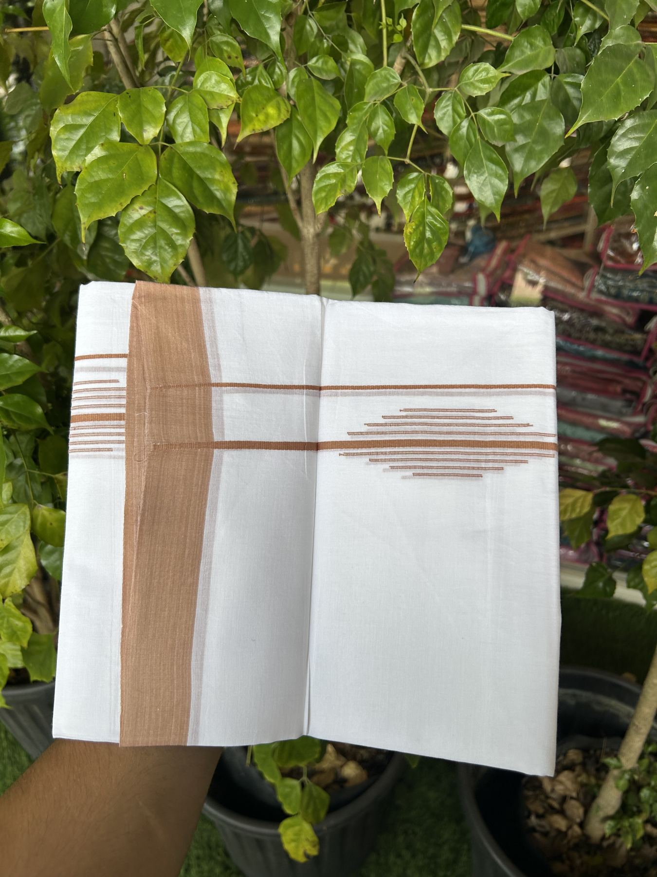 20% Discount ! Kaitharikada Balaramapuram 100% Cotton Pure White Double Mundu/Dothi - 100x80 - 1.5 inch Light Brownish Orange Stripes Design Kara 3.80 mtr (8 muzham) - 37 KK5319 THI