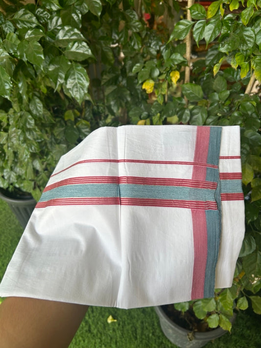 16% Discount!! KaithariKada Balaramapuram 100% Cotton Single Pure White Mundu/Dhoti - 100X80 - 1.5 inch Silver Kasav Teal Green & Red Stripes kara 1.90 mtr (4 muzham) - 33 KK5282 PMC