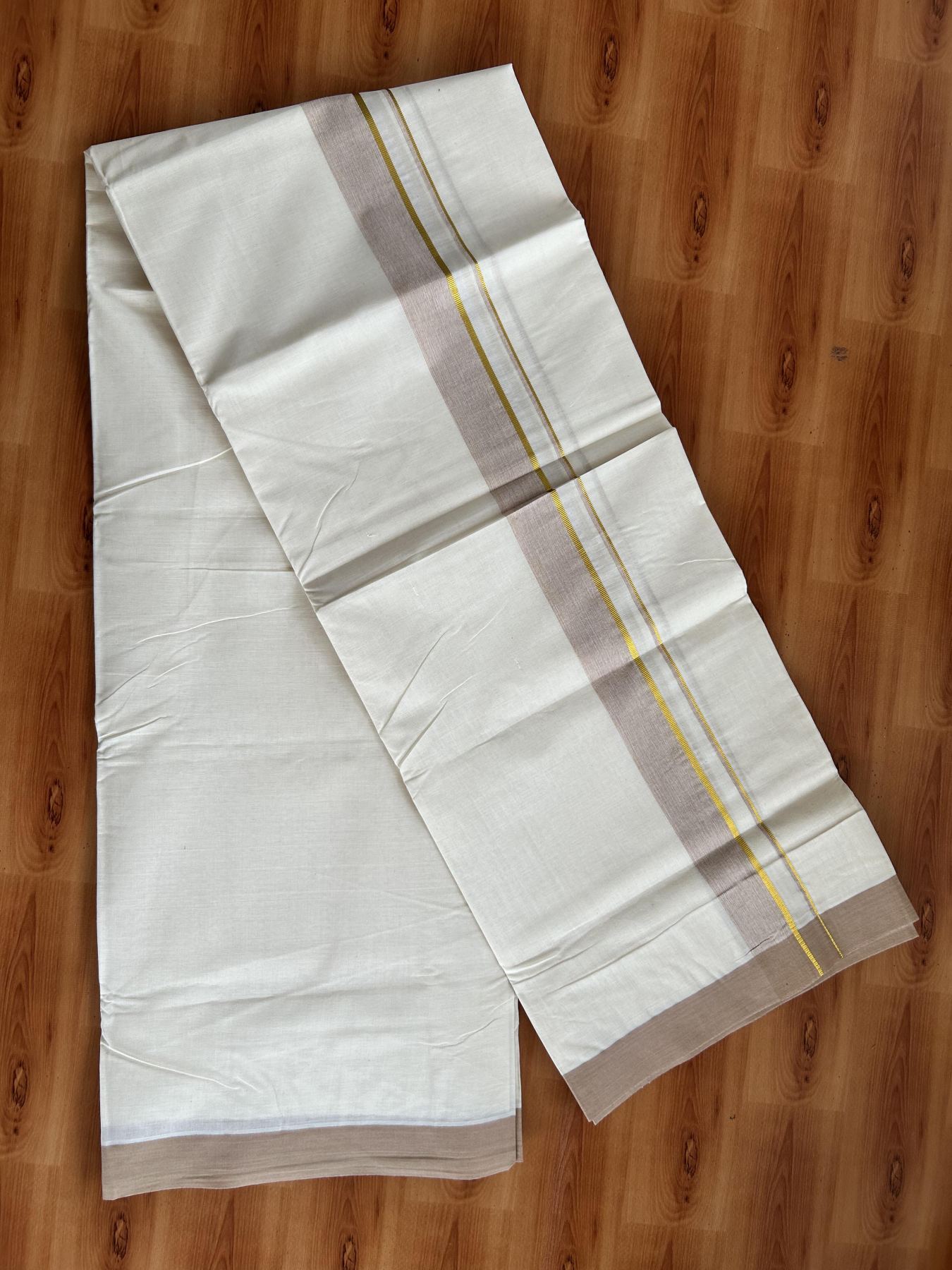 Double Off White (Unbleached) Mundu/Dhoti - 20% Discount! Kaitharikada Pure Cotton - 80x80 - 1.25 Inch Gold Kasav & Peach Brown Shaded Kara 4 mtr (8.5 muzham) - 3 KK5465 MRH