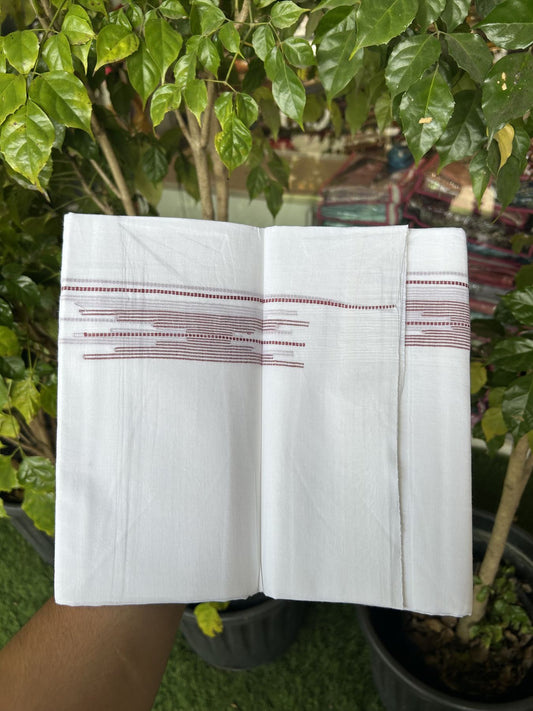 20% Discount ! Kaitharikada Balaramapuram 100% Cotton Pure White Double Mundu/Dothi - 100x80 - 1.5 inch Light Maroon Stripes Design Kara 3.80 mtr (8 muzham) - 29 KK5319 THI
