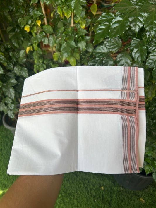 19% Discount!! KaithariKada Balaramapuram 100% Cotton Single Pure White Mundu/Dhoti - 100X80 - 1.5 inch Silver Kasav Black & Dusty Peach Stripes kara 1.90 mtr (4 muzham) - 22 KK5282 PMC