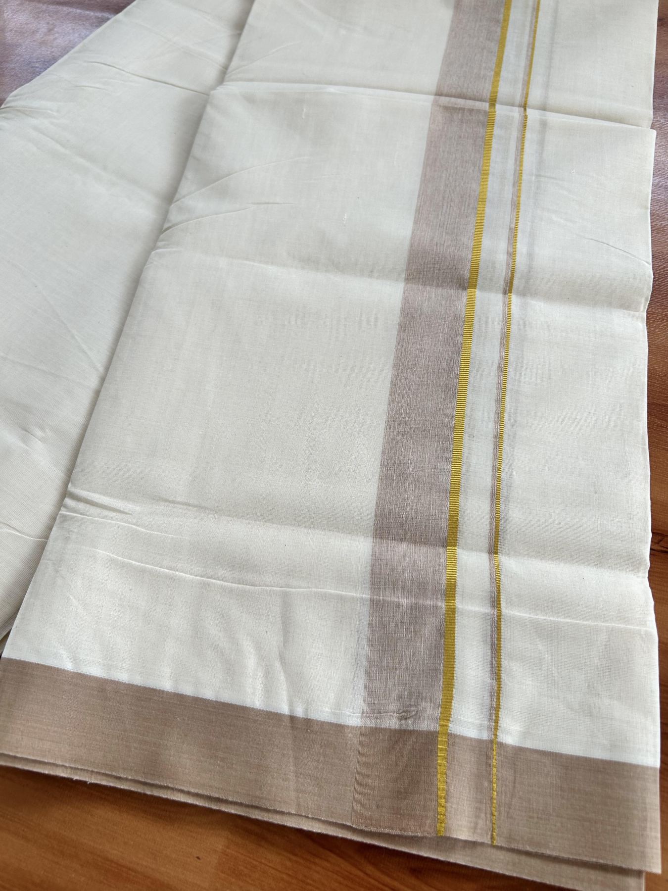 Double Off White (Unbleached) Mundu/Dhoti - 20% Discount! Kaitharikada Pure Cotton - 80x80 - 1.25 Inch Gold Kasav & Peach Brown Shaded Kara 4 mtr (8.5 muzham) - 3 KK5465 MRH