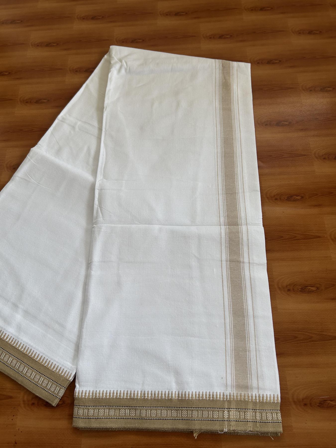Premium Kathar Type Mercerised Pure Cotton Single Mundu Kaitharikada Special - Kaily / Lungi -2/ 40s - 1.75 inch Sand Brown Striped kara with White colour Body Kuppadam Border 2.25 mtr (4.82 muzham) - 7 KK8053 KUT