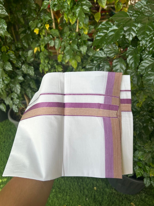 18% Discount!! KaithariKada Balaramapuram 100% Cotton Single Pure White Mundu/Dhoti - 100X80 - 1.25 inch Silver Kasav Purple & Sand Brown Stripes kara 1.90 mtr (4 muzham) - 25 KK5282 PMC