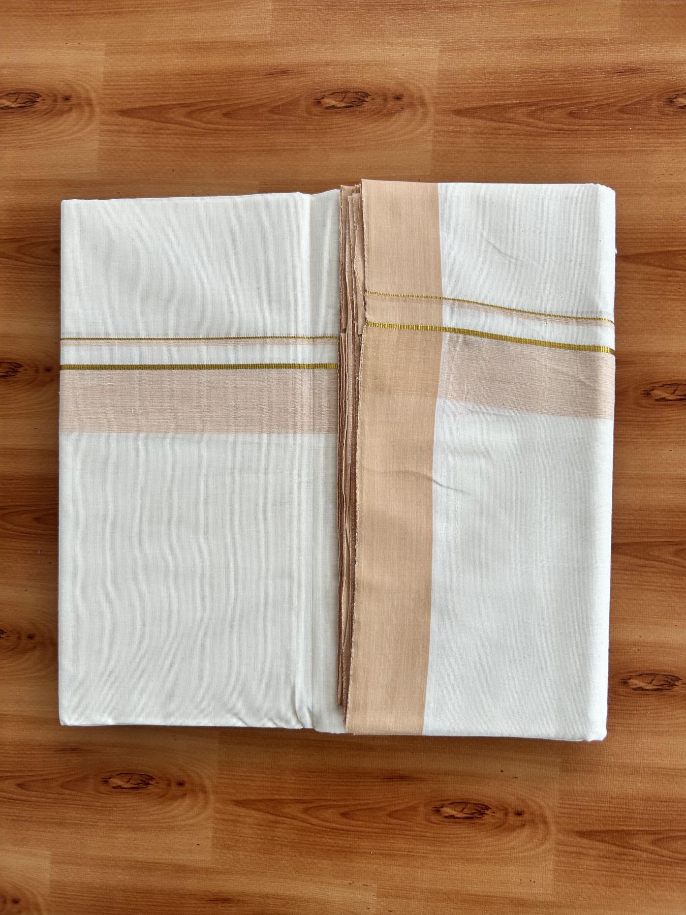 Double Off White (Unbleached) Mundu/Dhoti - 20% Discount! Kaitharikada Pure Cotton - 80x80 - 1.25 Inch Gold Kasav & Peach Shaded Kara 4 mtr (8.5 muzham) - 2 KK5465 MRH