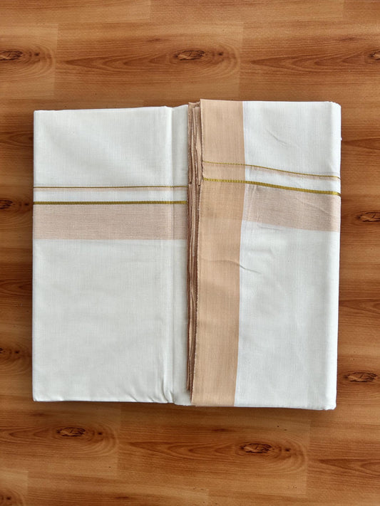 Double Off White (Unbleached) Mundu/Dhoti - 20% Discount! Kaitharikada Pure Cotton - 80x80 - 1.25 Inch Gold Kasav & Peach Shaded Kara 4 mtr (8.5 muzham) - 2 KK5465 MRH