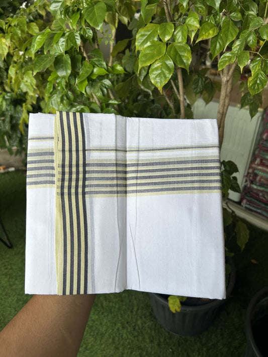 20% Discount ! Kaitharikada Balaramapuram 100% Cotton Pure White Double Mundu/Dothi - 100x80 - 1.25 inch Light Yellow & Black Shaded Striped Kara 3.80 mtr (8 muzham) - 6 KK5319 THI