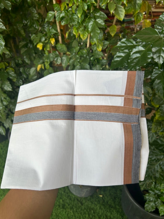 18% Discount!! KaithariKada Balaramapuram 100% Cotton Single Pure White Mundu/Dhoti - 100X80 - 1.25 inch Silver Kasav Black & Dark Brown Stripes kara 1.90 mtr (4 muzham) - 26 KK5282 PMC