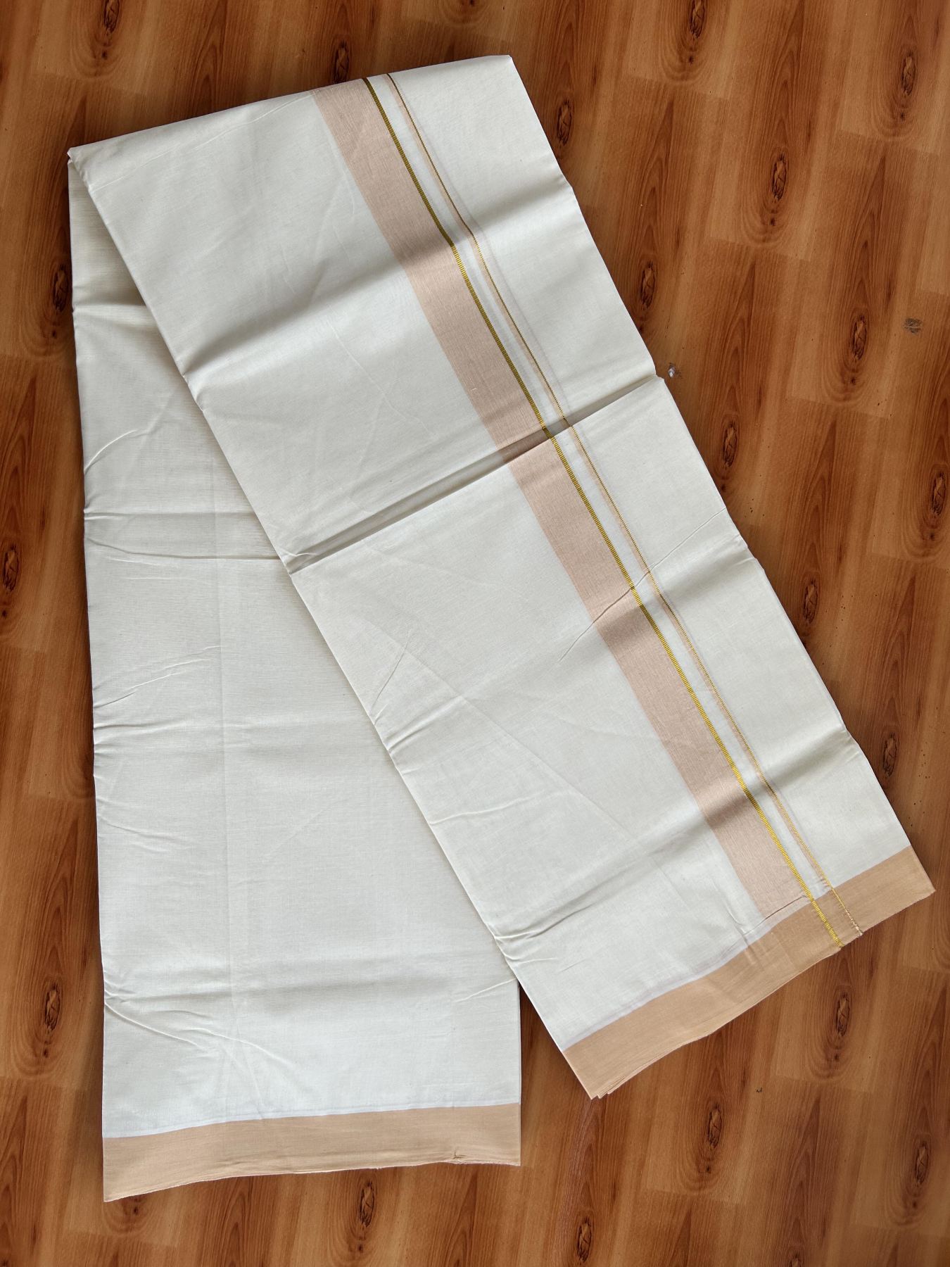Double Off White (Unbleached) Mundu/Dhoti - 20% Discount! Kaitharikada Pure Cotton - 80x80 - 1.25 Inch Gold Kasav & Peach Shaded Kara 4 mtr (8.5 muzham) - 2 KK5465 MRH