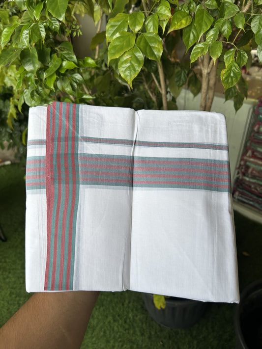 20% Discount ! Kaitharikada Balaramapuram 100% Cotton Pure White Double Mundu/Dothi - 100x80 - 1.25 inch Peacock Blue & Maroon Shaded Striped Kara 3.80 mtr (8 muzham) - 5 KK5319 THI