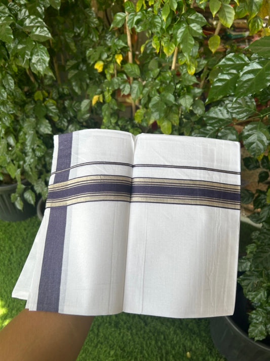 18% Discount!! KaithariKada Balaramapuram 100% Cotton Single Pure White Mundu/Dhoti - 100X80 - 1.25 inch Silver Kasav Indigo Blue Stripes kara 1.90 mtr (4 muzham) - 18 KK5282 PMC