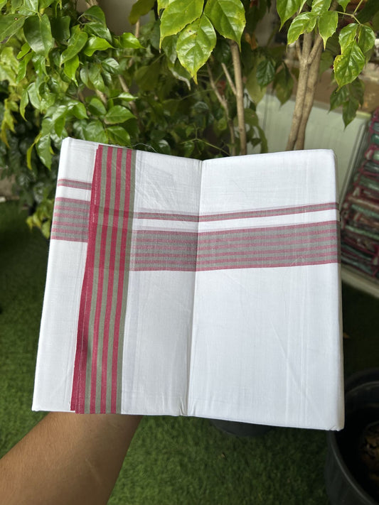 20% Discount ! Kaitharikada Balaramapuram 100% Cotton Pure White Double Mundu/Dothi - 100x80 - 1.25 inch Magenta & Green Shaded Striped Kara 3.80 mtr (8 muzham) - 4 KK5319 THI