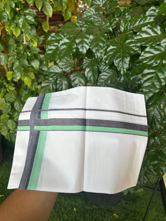 18% Discount!! KaithariKada Balaramapuram 100% Cotton Single Pure White Mundu/Dhoti - 100X80 - 1.25 inch Silver Kasav Black & Turquoise Green Stripes kara 1.90 mtr (4 muzham) - 27 KK5282 PMC