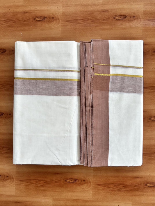 Double Off White (Unbleached) Mundu/Dhoti - 20% Discount! Kaitharikada Pure Cotton - 80x80 - 1.25 Inch Gold Kasav & Light Brown Shaded Kara 4 mtr (8.5 muzham) - 1 KK5465 MRH