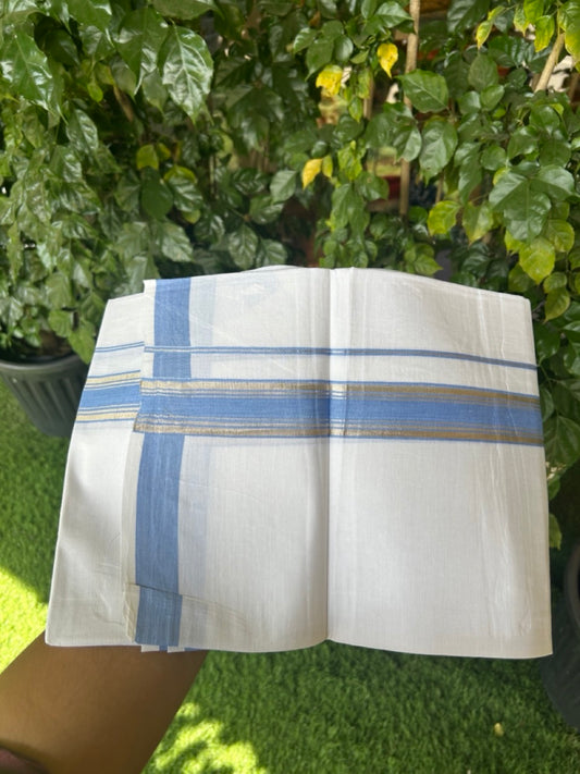 KaithariKada Balaramapuram 100% Cotton Single Pure White Mundu/Dhoti - 100X80 - 1.5 inch Silver Kasav Ocean Blue Stripes kara 1.90 mtr (4 muzham) - 14 KK5282 PMC
