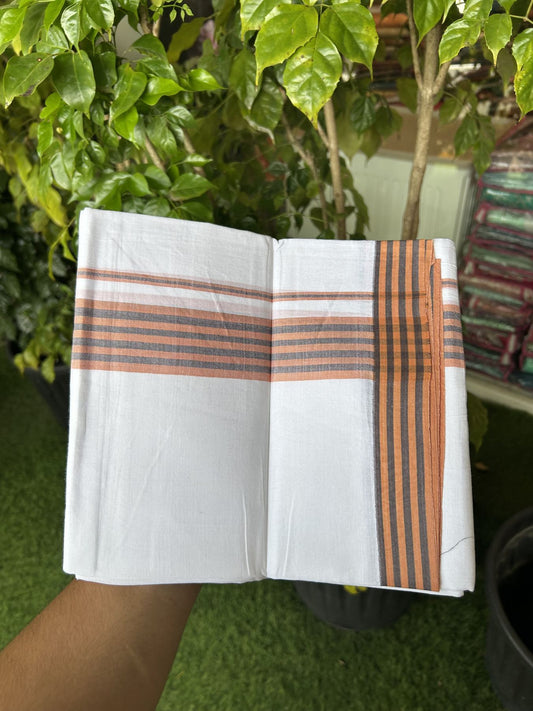 20% Discount ! Kaitharikada Balaramapuram 100% Cotton Pure White Double Mundu/Dothi - 100x80 - 1.25 inch Orange & Black Shaded Striped Kara 3.80 mtr (8 muzham) - 3 KK5319 THI