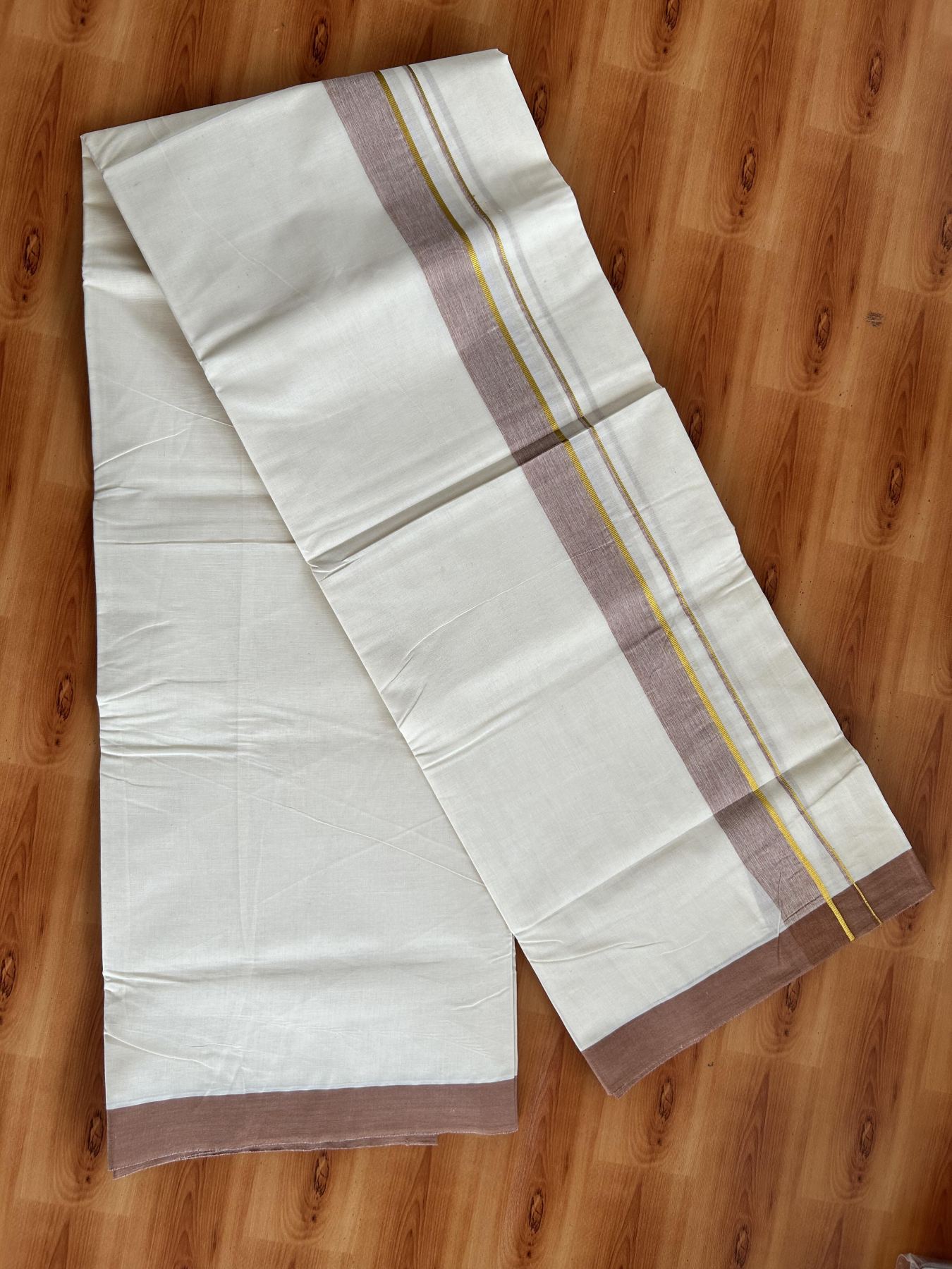 Double Off White (Unbleached) Mundu/Dhoti - 20% Discount! Kaitharikada Pure Cotton - 80x80 - 1.25 Inch Gold Kasav & Light Brown Shaded Kara 4 mtr (8.5 muzham) - 1 KK5465 MRH