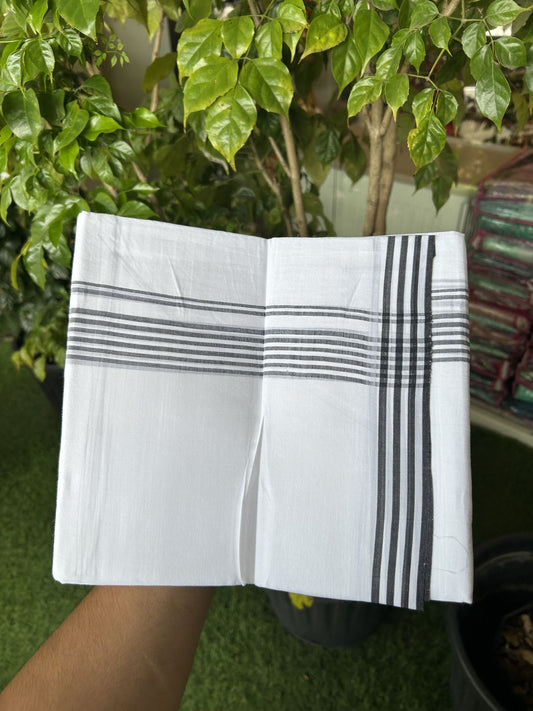 20% Discount ! Kaitharikada Balaramapuram 100% Cotton Pure White Double Mundu/Dothi - 100x80 - 1.25 inch Black Shaded Striped Kara 3.80 mtr (8 muzham) - 2 KK5319 THI