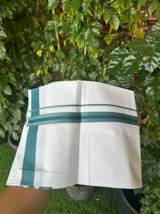 16% Discount!! KaithariKada Balaramapuram 100% Cotton Single Pure White Mundu/Dhoti - 100X80 - 1 inch Silver Kasav Peacock Blue Stripes kara 1.90 mtr (4 muzham) - 30 KK5282 PMC