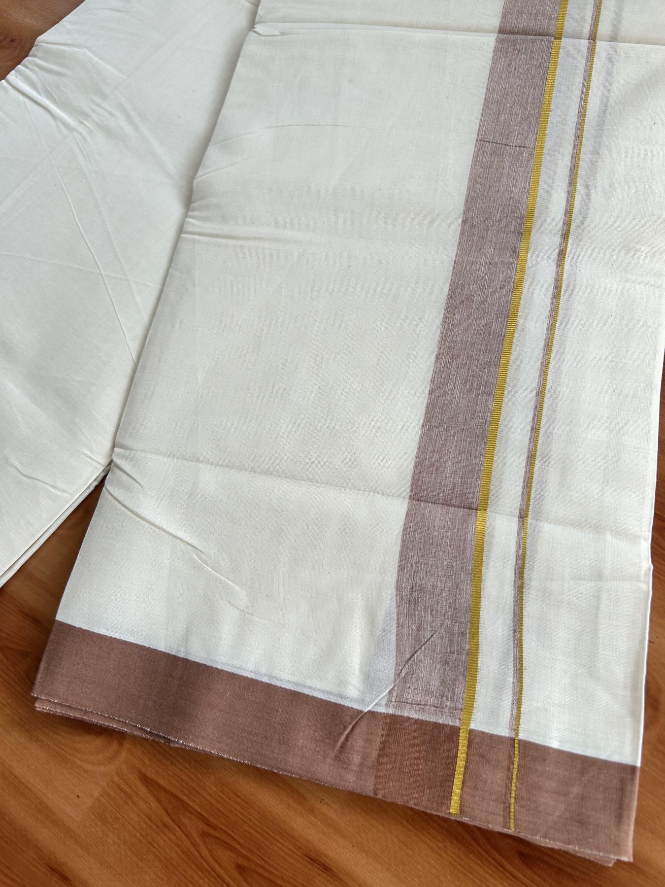 Double Off White (Unbleached) Mundu/Dhoti - 20% Discount! Kaitharikada Pure Cotton - 80x80 - 1.25 Inch Gold Kasav & Light Brown Shaded Kara 4 mtr (8.5 muzham) - 1 KK5465 MRH