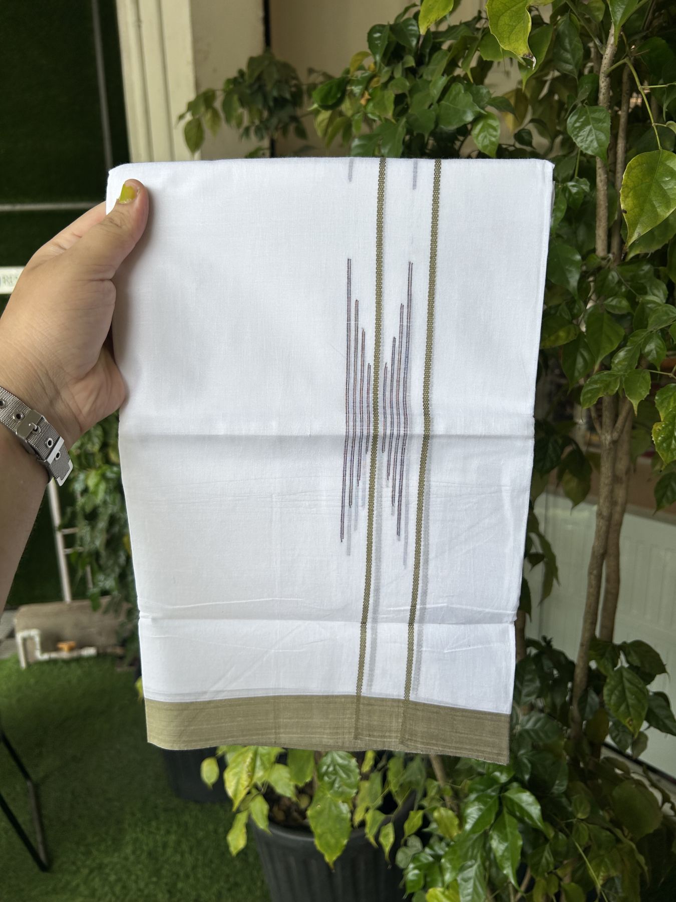 20% Discount ! Kaitharikada Balaramapuram 100% Cotton Pure White Double Mundu/Dothi - 100x80 - 1.5 inch Light Olive Green & Multi colour Stripes Design Kara 3.80 mtr (8 muzham) - 12 KK5319 THI