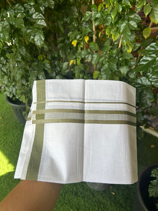 13% Discount!! KaithariKada Balaramapuram 100% Cotton Single Pure White Mundu/Dhoti - 100X80 - 1.25 inch Silver Kasav Olive Green Stripes kara 1.90 mtr (4 muzham) - 29 KK5282 PMC