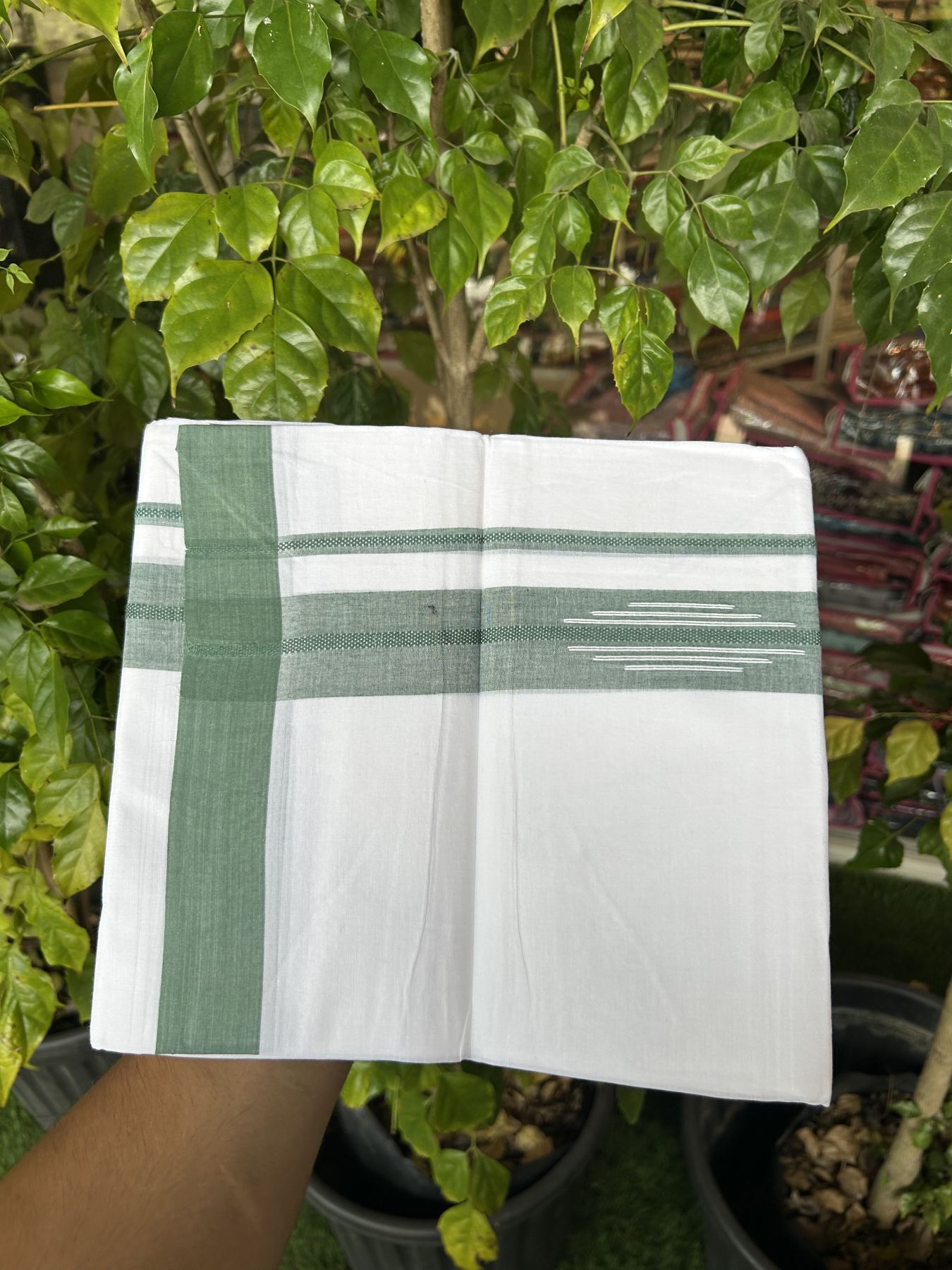 20% Discount ! Kaitharikada Balaramapuram 100% Cotton Pure White Double Mundu/Dothi - 100x80 - 1.5 inch Green Stripes Design Chutty Kara 3.80 mtr (8 muzham) - 44 KK5319 THI