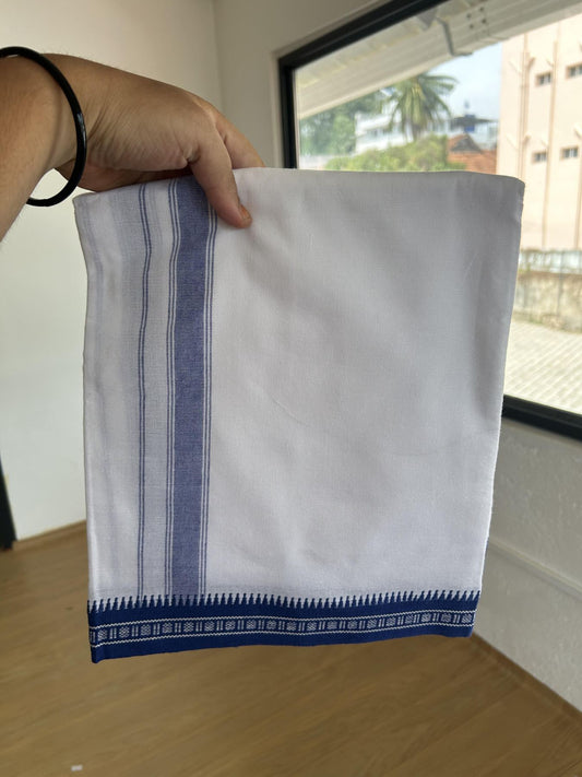 Premium Kathar Type Mercerised Pure Cotton Single Mundu Kaitharikada Special - Kaily / Lungi -2/ 40s - 1.75 inch Blue Striped kara with White colour Body Kuppadam Border 2.25 mtr (4.82 muzham) - 2 KK8053 KUT