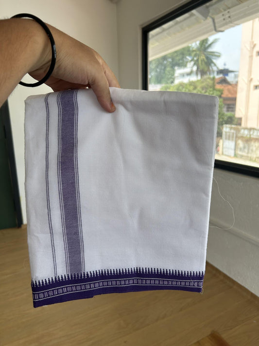 Premium Kathar Type Mercerised Pure Cotton Single Mundu Kaitharikada Special - Kaily / Lungi -2/ 40s - 1.75 inch Purple Striped kara with White colour Body Kuppadam Border 2.25 mtr (4.82 muzham) - 3 KK8053 KUT