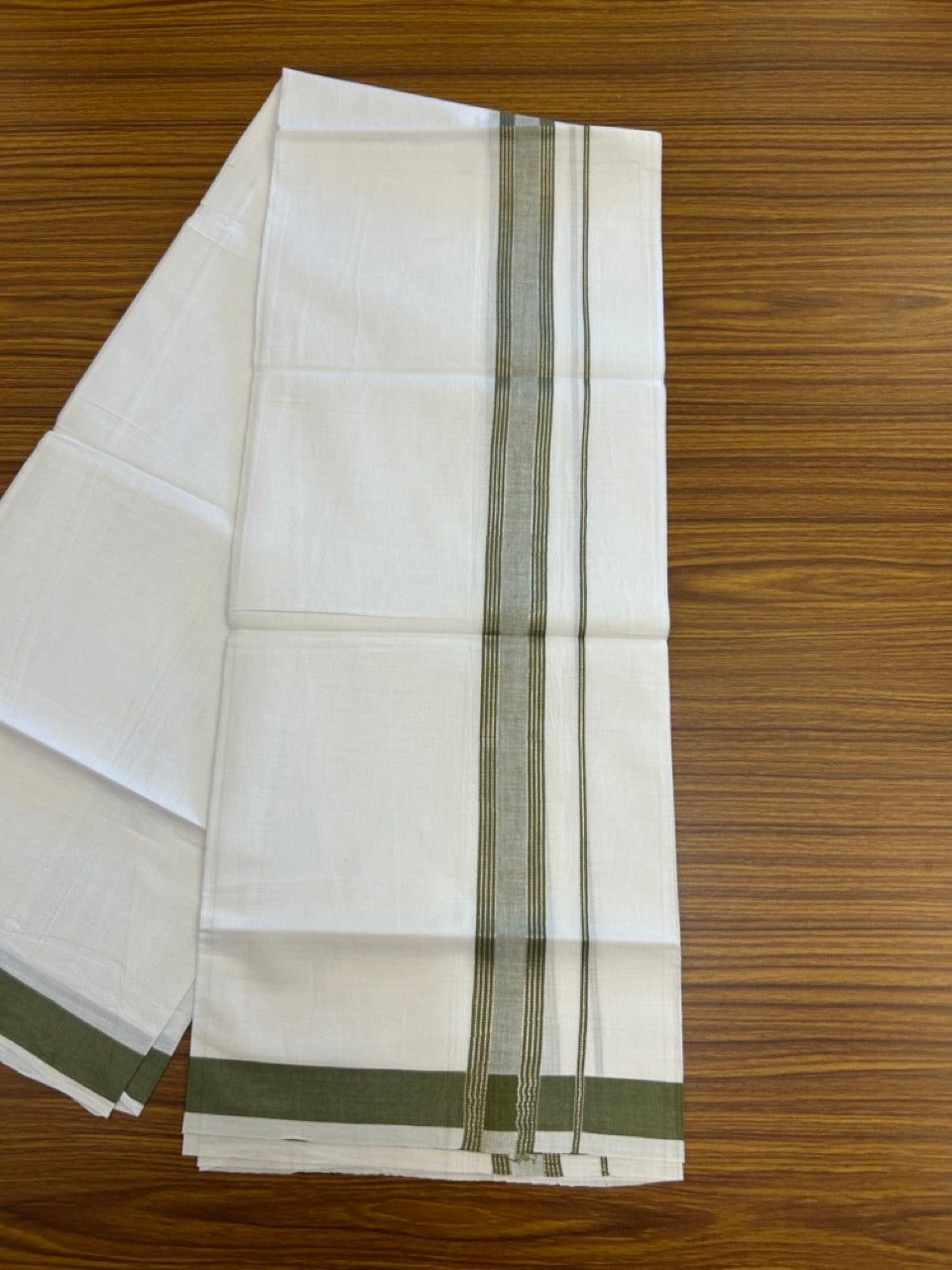 13% Discount!! KaithariKada Balaramapuram 100% Cotton Single Pure White Mundu/Dhoti - 100X80 - 1.25 inch Silver Kasav Olive Green Stripes kara 1.90 mtr (4 muzham) - 29 KK5282 PMC