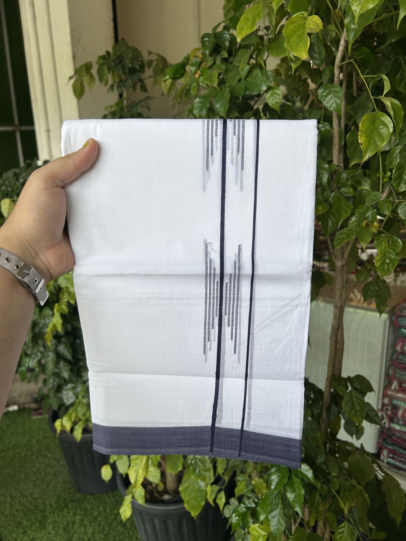 20% Discount ! Kaitharikada Balaramapuram 100% Cotton Pure White Double Mundu/Dothi - 100x80 - 1.5 inch Navy Blue Stripes Design Kara 3.80 mtr (8 muzham) - 14 KK5319 THI